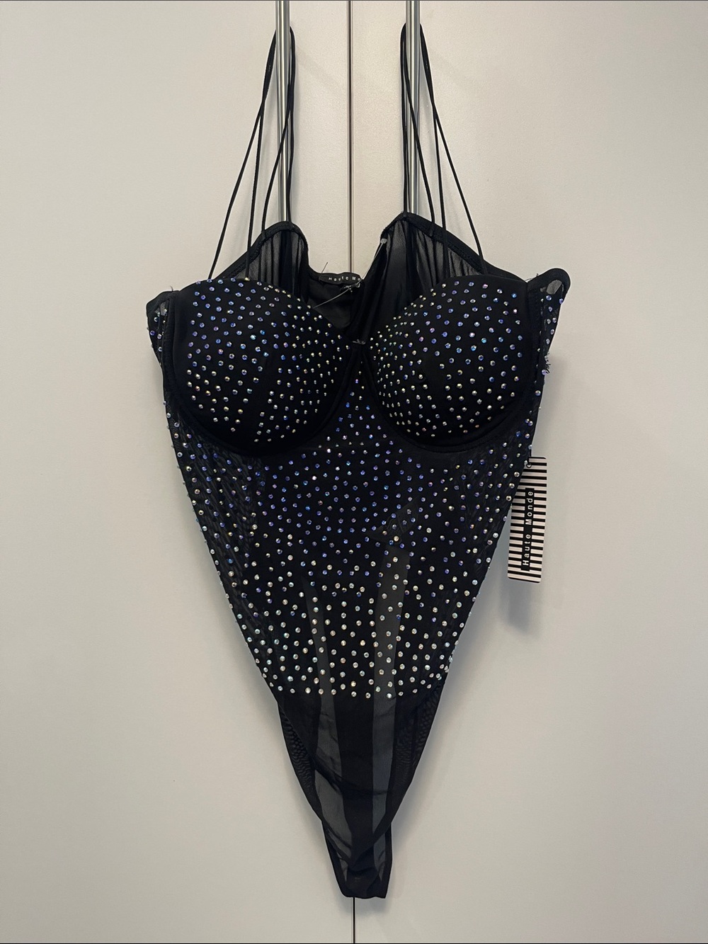 Haute Monde Black Rhinestone Mesh Bodysuit